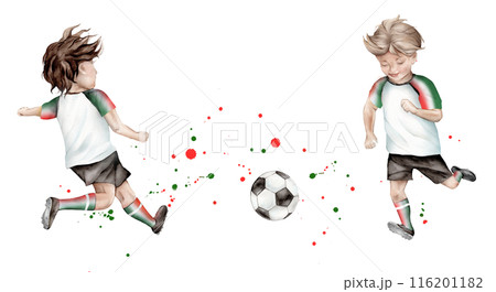 Football player young sportsman hand drawn with watercolor ball and red black yellow watercolor shapes spray. Boy play football in uniform. Isolated hand drawing illustration of a soccer game. 116201182