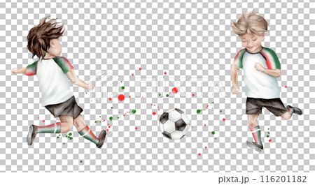 Football player young sportsman hand drawn with watercolor ball and red black yellow watercolor shapes spray. Boy play football in uniform. Isolated hand drawing illustration of a soccer game. Football player young sportsman hand drawn with watercolor ball and red black yellow watercolor shapes spray. Boy play football in uniform. Isolated hand drawing illustration of a soccer game. 116201182
