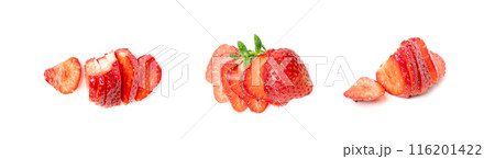 Strawberry pieces isolated, red berry cut set, fresh strawberries slices, summer food ingredient 116201422