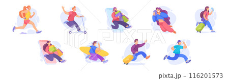 Happy People Characters Engaged in Active Motion Vector Illustration Set 116201573