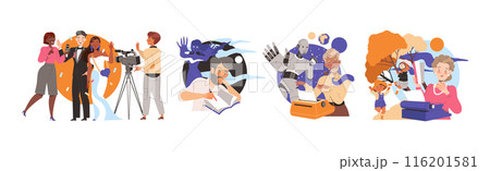 Writers and Journalists at Typewriter Engaged in Writing Process Creating Plot Vector Set 116201581