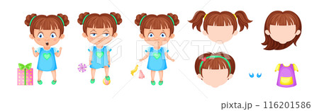Cute Girl in Pretty Dress with Hairstyle Pose and Emotion Vector Set 116201586