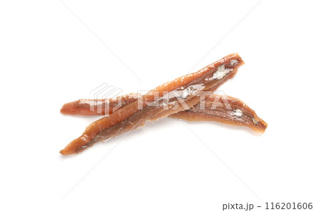 Canned anchovy fillet, marinated fish, traditional salted anchovy in oil on white 116201606