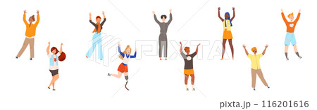Happy and Rejoicing People Character Cheering Raising Hands Up Vector Illustration Set 116201616