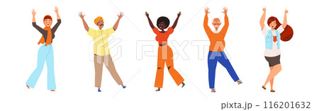 Happy and Rejoicing People Character Cheering Raising Hands Up Vector Illustration Set 116201632