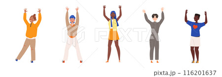 Happy and Rejoicing People Character Cheering Raising Hands Up Vector Illustration Set 116201637