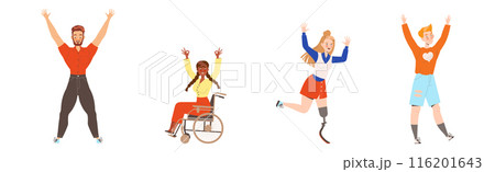 Happy and Rejoicing People Character Cheering Raising Hands Up Vector Illustration Set 116201643