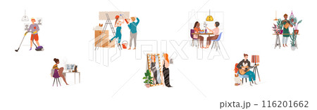 Happy People Character at Home Engaged in Different Activity Vector Set 116201662