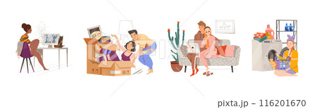Happy People Character at Home Engaged in Different Activity Vector Set 116201670