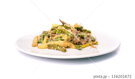 Stir Frying Beef with Green String Beans Isolated, Fried French Beans with Meat on White 116201672