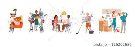 Happy People Character at Home Engaged in Different Activity Vector Set 116201686