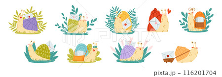 Cute Snail Character with Coiled Shell Carrying Envelope on Its Back Vector Set 116201704