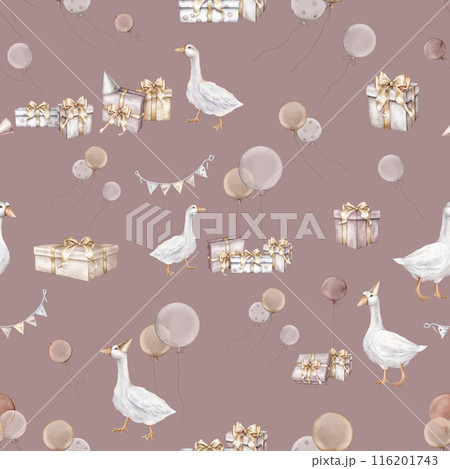 Watercolor repeat seamless pattern with Air Balloons and confetti and goose on isolated background. Hand drawn illustration for Happy birthday with bird. Gifts and girlande flags on pastel colors. 116201743