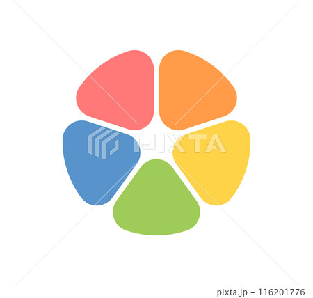 Circle division infographic icon. Pie chart divided five equal parts. Sectors with rounded corners icon. Color infographic flower round diagram. Vector illustration isolated on white background 116201776