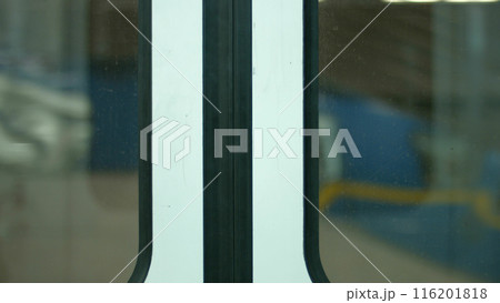 Closed subway train doors. Train going to the station. Metro tunnels. Underground transport. 116201818