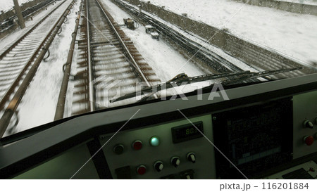 The train is moving along the tracks. Train driver's cabin with a control panel. The train is moving along the tracks. Train driver's cabin with a control panel. 116201884