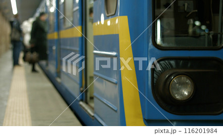 Dispatch of the train at the metro station. Convenient public transport for a big city. Dispatch of the train at the metro station. Convenient public transport for a big city. 116201984