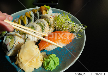 Sushi Plate, Fish Maki Rolls, Japan Seafood, Sushi Set, Asian Dinner, Tradition Nigiri Susi 116202031