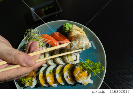 Sushi Plate, Fish Maki Rolls, Japan Seafood, Sushi Set, Asian Dinner, Tradition Nigiri Susi Sushi Plate, Fish Maki Rolls, Japan Seafood, Sushi Set, Asian Dinner, Tradition Nigiri Susi 116202033