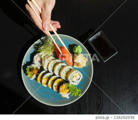 Sushi Plate, Fish Maki Rolls, Japan Seafood, Sushi Set, Asian Dinner, Tradition Nigiri Susi Sushi Plate, Fish Maki Rolls, Japan Seafood, Sushi Set, Asian Dinner, Tradition Nigiri Susi 116202036