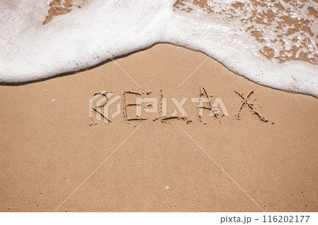 The inscription Relax on the sea sand. summer sea background. The inscription Relax on the sea sand. summer sea background. 116202177