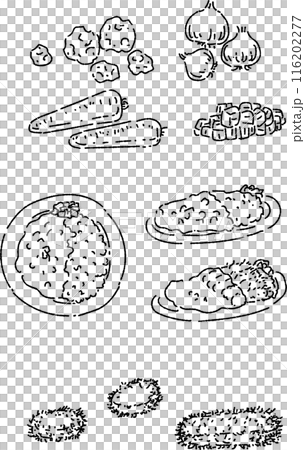 Illustration set of various curry rice and ingredients - line only 116202277