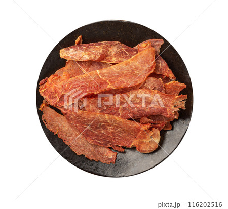 Meat Jerky Isolated, Dry Salted Chicken Slices, Small Pieces of Dehydrated Beef, Beer Snacks, Dried Pork Meat Jerky Isolated, Dry Salted Chicken Slices, Small Pieces of Dehydrated Beef, Beer Snacks, Dried Pork 116202516