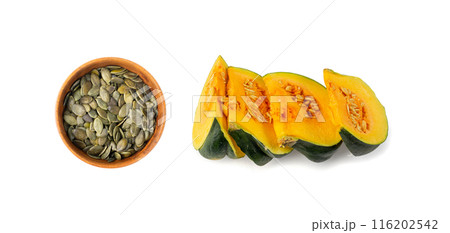 Pumpkin Seeds Isolated, Raw Pepita Grains, Scattered Green Healthy Nuts, Pumpkin Seed Group on White 116202542