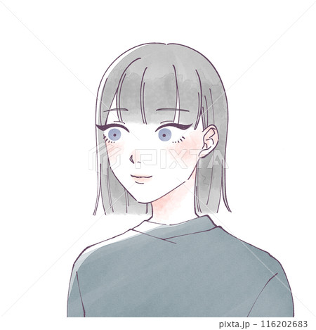 下の方を見る黒髪ショートの女性　水彩 116202683