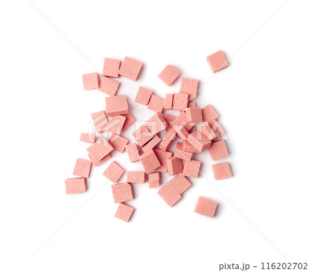 Diced Mortadella Slice Isolated, Luncheon Meat Cut, Chicken Ham Cubes, Boiled Sausage for Breakfast 116202702