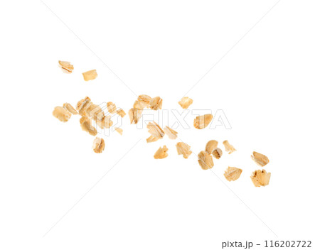 Dry Raw Oat Flakes Isolated on White Background. Rolled Flat Grains of Wheat, Bran, Barley, Rye Cereals 116202722