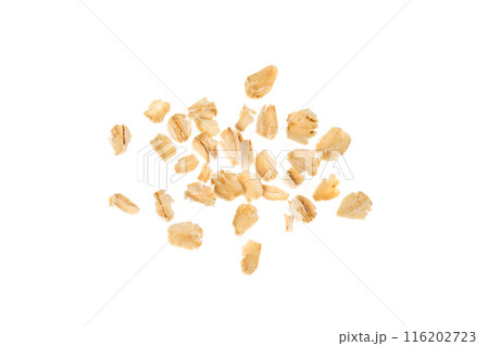 Dry Raw Oat Flakes Isolated on White Background. Rolled Flat Grains of Wheat, Bran, Barley, Rye Cereals Dry Raw Oat Flakes Isolated on White Background. Rolled Flat Grains of Wheat, Bran, Barley, Rye Cereals 116202723