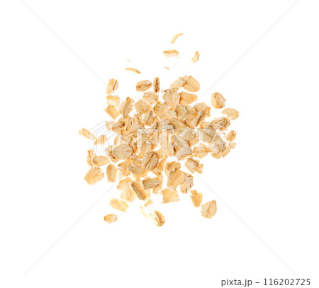 Dry Raw Oat Flakes Isolated on White Background. Rolled Flat Grains of Wheat, Bran, Barley, Rye Cereals 116202725