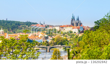 A panoramic view of Prague Castle and Strahov Monastery from Letna Gardens, with a bridge in the foreground and lush green trees framing the scene. A panoramic view of Prague Castle and Strahov Monastery from Letna Gardens, with a bridge in the foreground and lush green trees framing the scene. 116202842