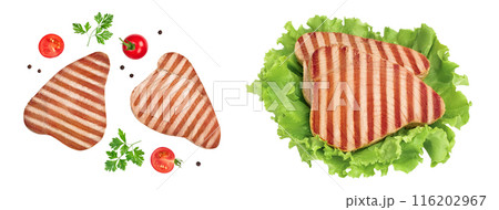 Tuna fish steak grilled isolated on white background with full depth of field, Top view. Flat lay 116202967