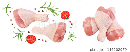 Raw chicken leg or drumstick isolated on white background with full depth of field. Top view. Flat lay 116202979