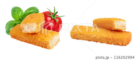 Fish finger or stick isolated on white background with full depth of field Fish finger or stick isolated on white background with full depth of field 116202994