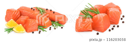 raw salmon piece cube with rosemary, lemon and peppercorn isolated on white background close up 116203038