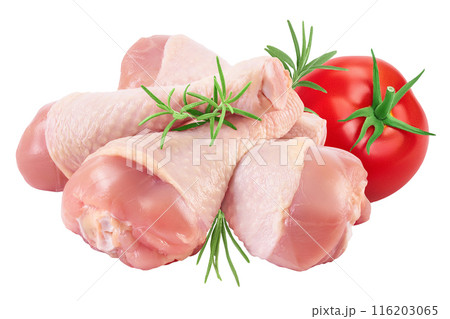 Raw chicken leg or drumstick isolated on white background with full depth of field Raw chicken leg or drumstick isolated on white background with full depth of field 116203065