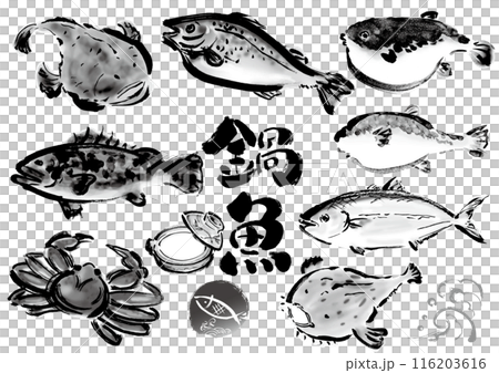 A collection of hand-drawn fish suitable for hotpots. A Japanese-style hand-drawn fish set. 116203616