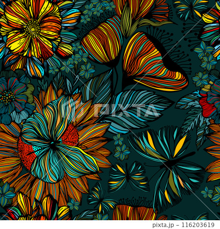 Hand Drawn Artistic Naive Daisy Flowers Seamless Pattern. Blotched Floral Print. Expressive Outlines, Organic Large Scale Simplistic Retro Fashion Design hand drawing. Not AI, Vector illustration. 116203619
