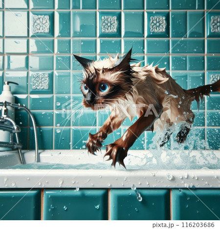 A frightened cat in the bath. Generative ai. 116203686