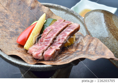 プレートに並んだ熟成肉のステーキと季節の野菜 プレートに並んだ熟成肉のステーキと季節の野菜 116203705