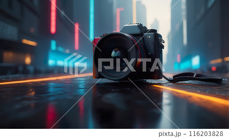 Modern photo camera with an objective. Futuristic technology concept. AI Generated. 116203828