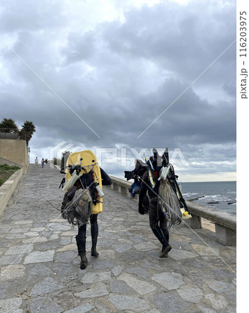 Divers with spearguns and catch walking near sea Divers with spearguns and catch walking near sea 116203975