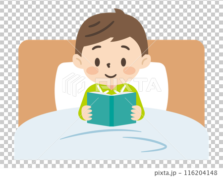 一個男孩喜歡躺在床上讀書的插圖 116204148