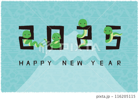 2025年賀状　2025の数字に絡みつく蛇　背景水色　黒文字　富士山 116205115