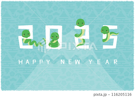 2025年賀状　2025の数字に絡みつく蛇　背景水色　白文字　富士山 116205116