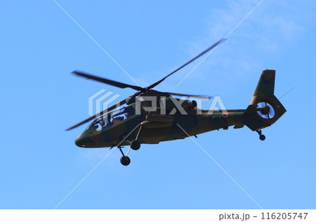 陸上自衛隊のOH-1観測ヘリコプター（飛行中、半シルエット） 116205747