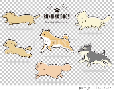 走る犬たちの手描きイラストセット 116205987